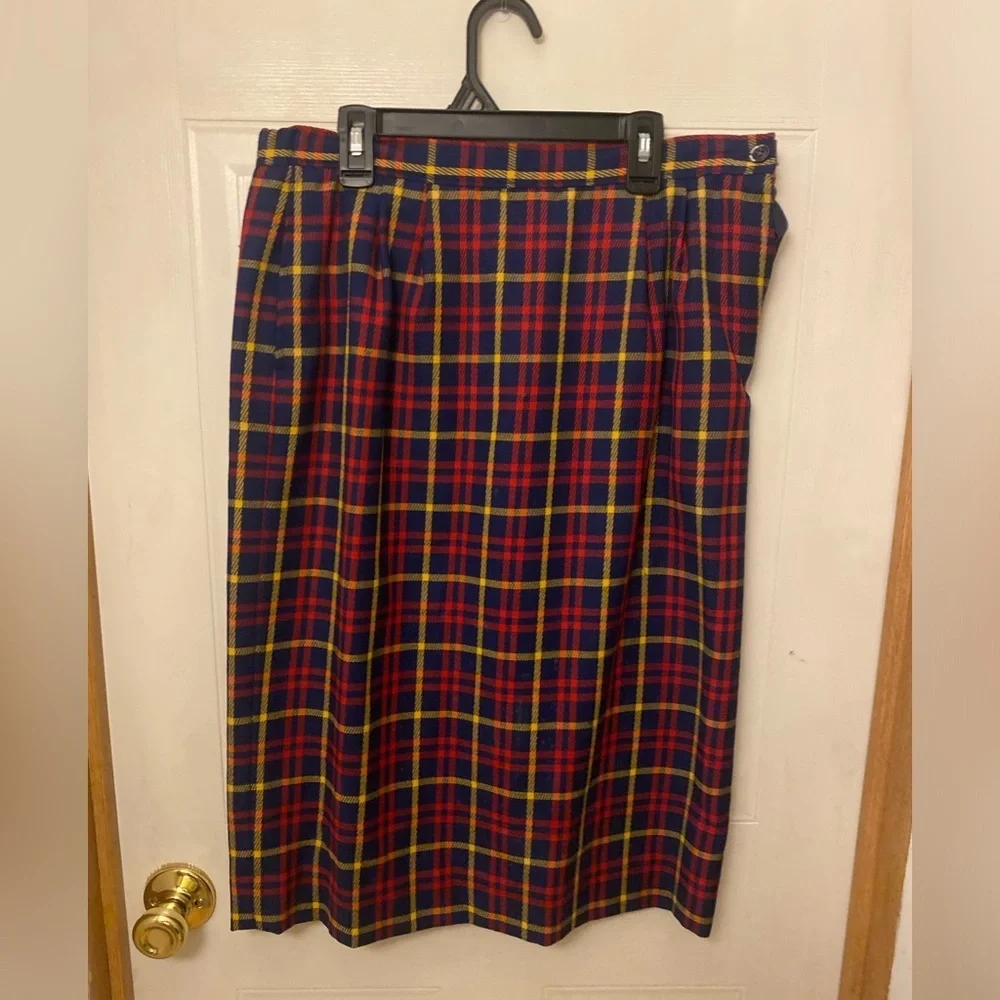 VTG Pendleton A-Line Pencil Skirt in Red Yellow and Blue Tartan Plaid 12